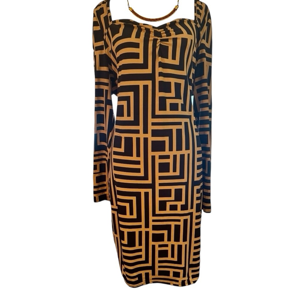 Privé Plus Black Latte Geometric Print Sweetheart Neck Bodycon Dress SHEIN XXL - Picture 2 of 8